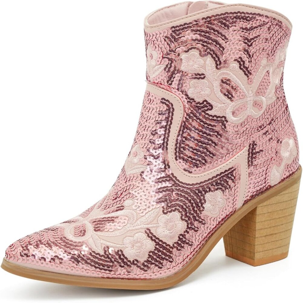 Womens Pink Western Cowboy Ankle Boots Pointed Toe Cowgirl Booties